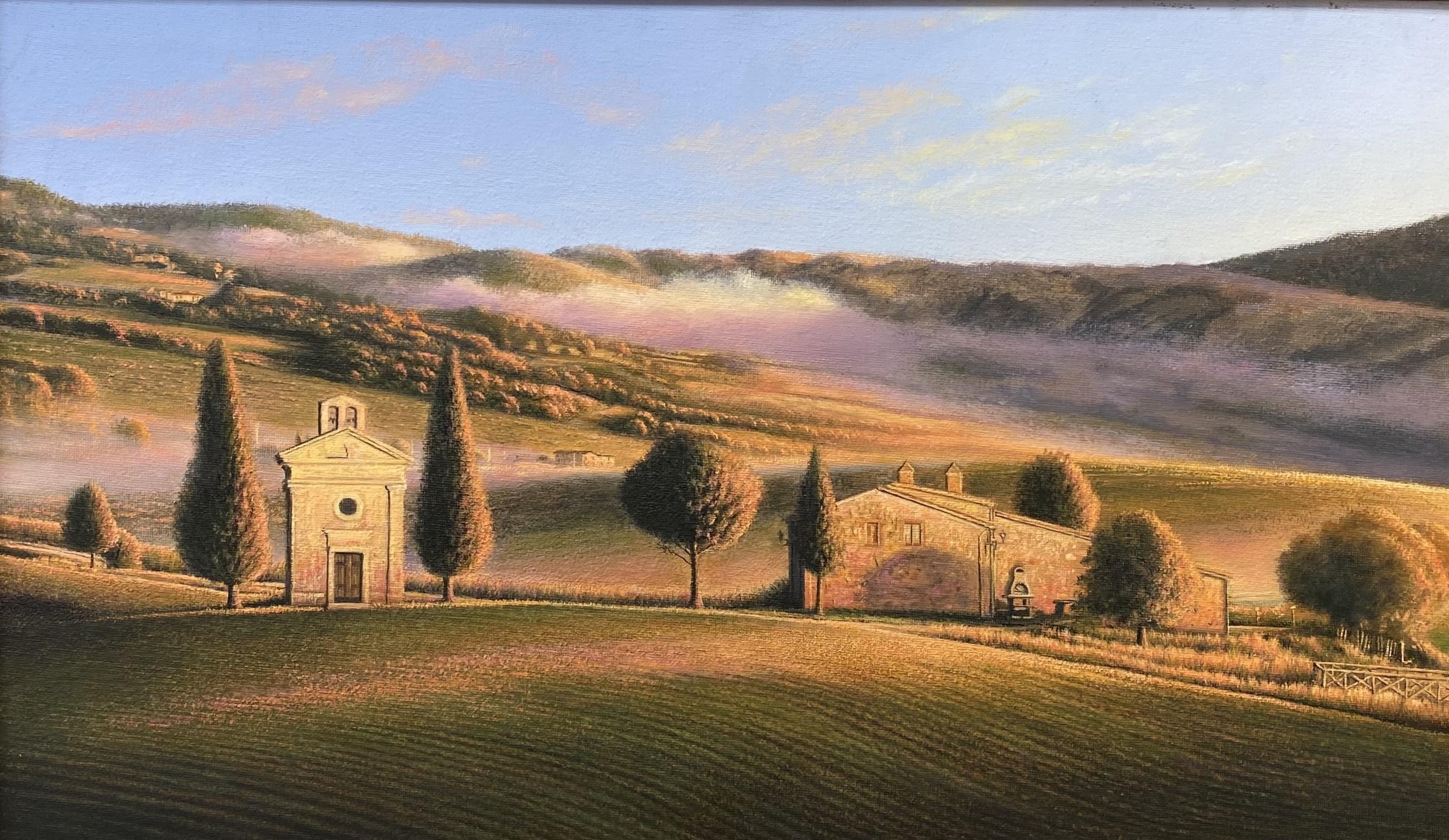 Chapel of the Madonna di Vitaleta, original realist Italian landscape - Brown Landscape Painting by Larry Felder