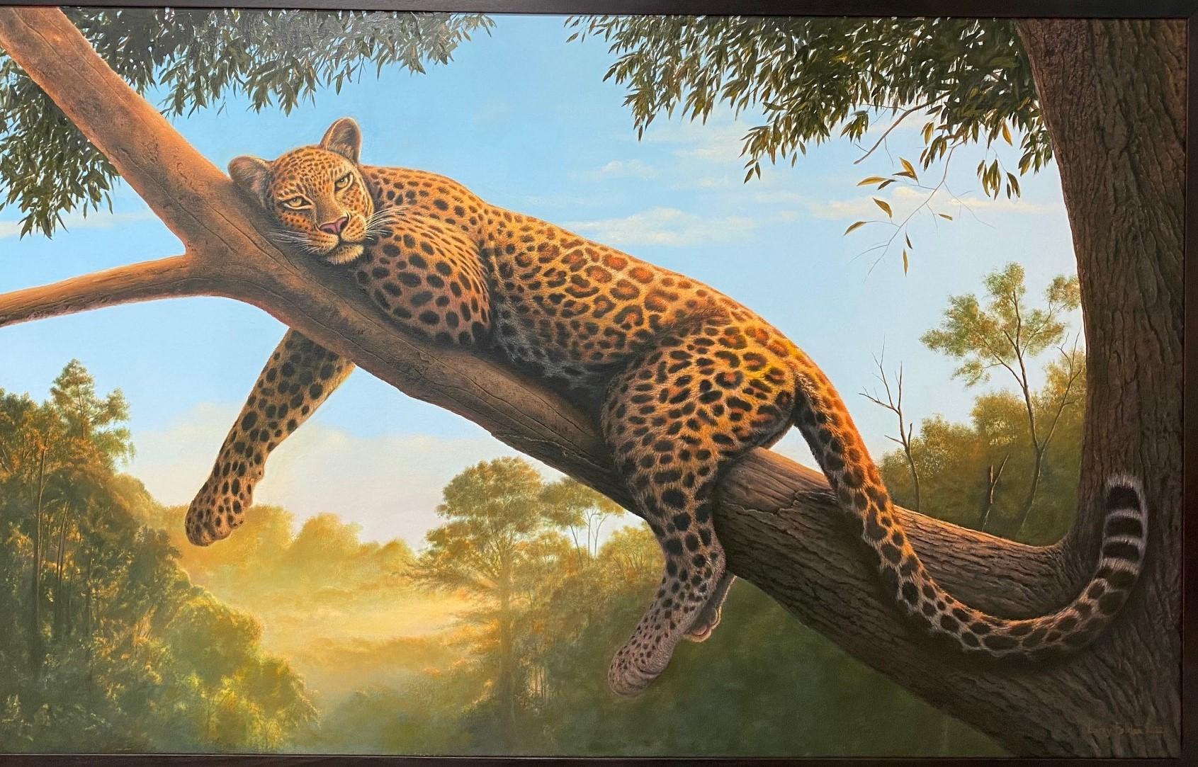 Lazy Morning, original 30x48 realist figurative leopard landscape - Painting by Larry Felder