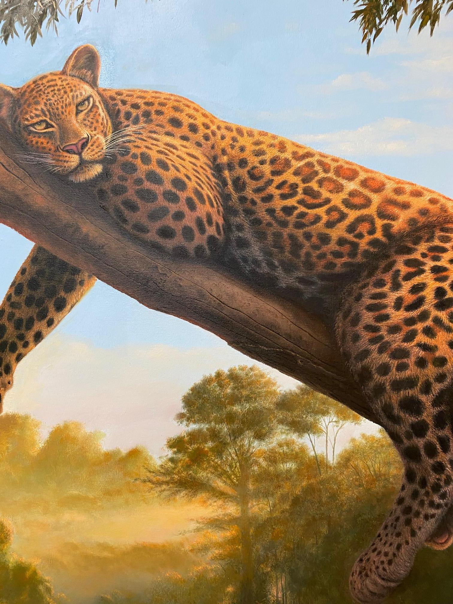 Lazy Morning, original 30x48 realist figurative leopard landscape - Realist Painting by Larry Felder