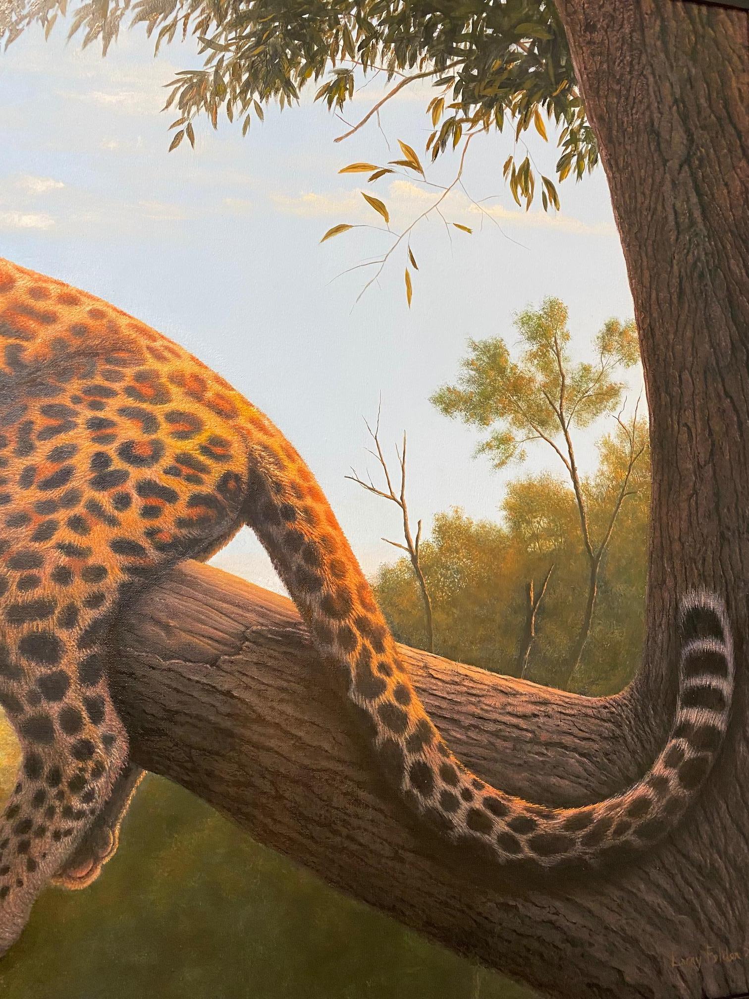 Lazy Morning, original 30x48 realist figurative leopard landscape - Black Landscape Painting by Larry Felder