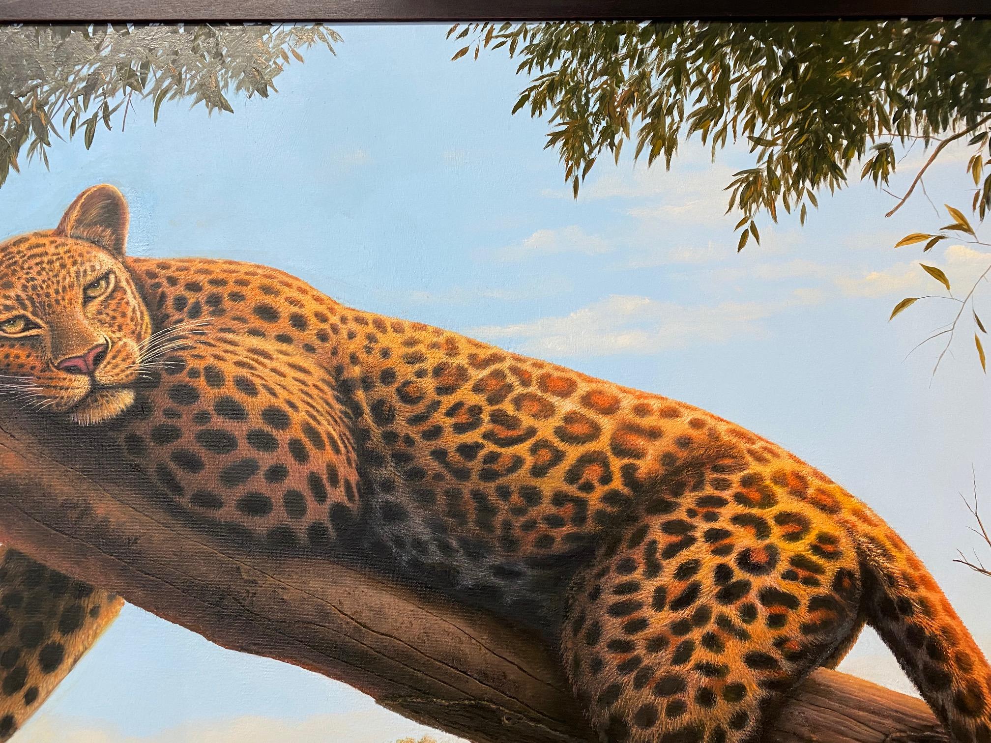It's a lazy morning amidst the bucolic fauna of the jungle even still as the lingering mist lifts up from the meadow and begins to evaporate. The ferocious tiger in this realist figurative landscape is slow to rise but is at once agile and nearly