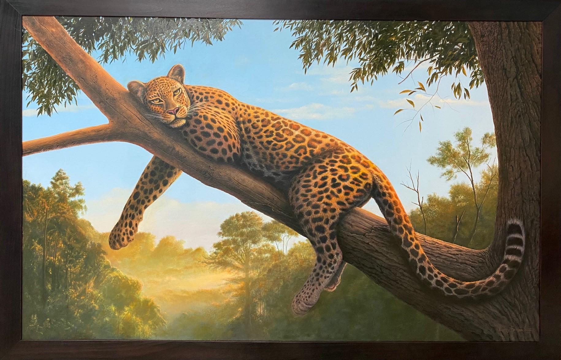 Larry Felder Landscape Painting - Lazy Morning, original 30x48 realist figurative leopard landscape
