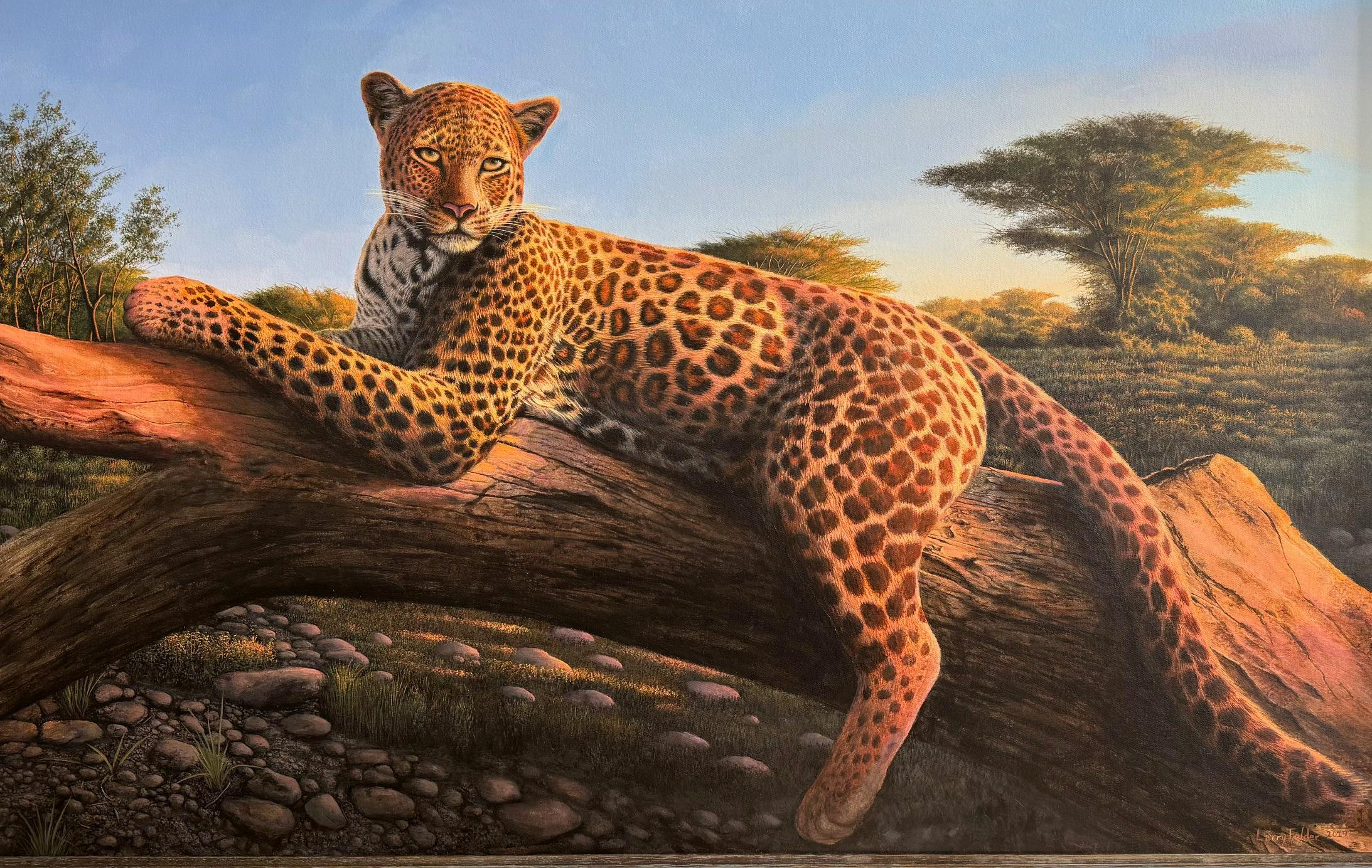 Leopardo del Serengeti, paisaje salvaje realista original de 30x48 - Painting de Larry Felder