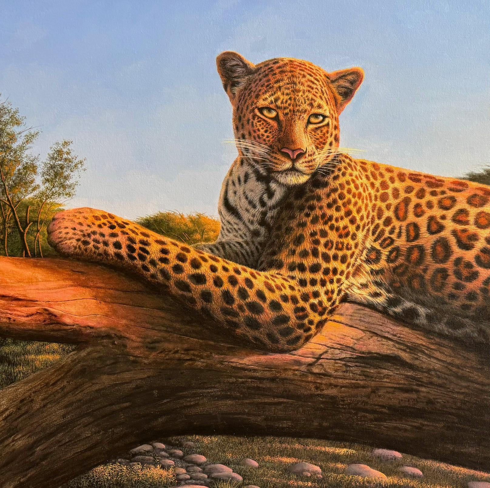 Leopardo del Serengeti, paisaje salvaje realista original de 30x48 en venta 1