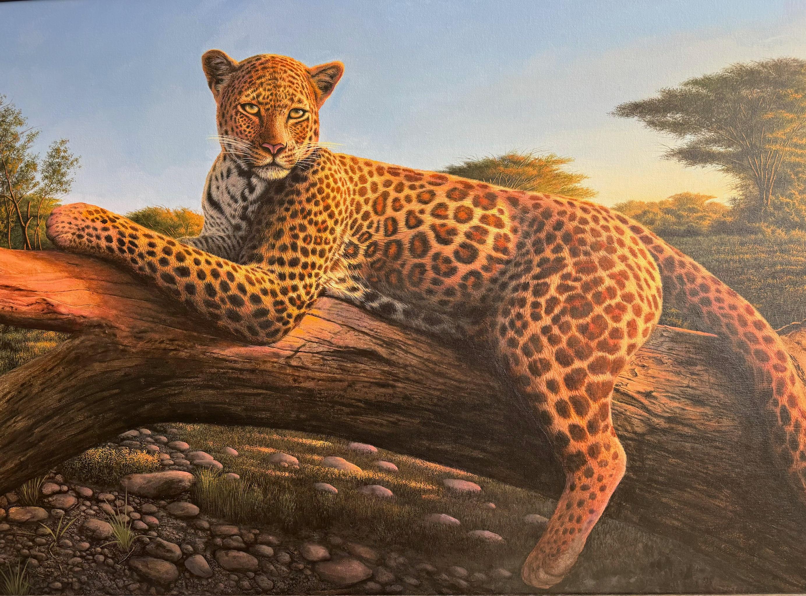 Leopardo del Serengeti, paisaje salvaje realista original de 30x48 en venta 2