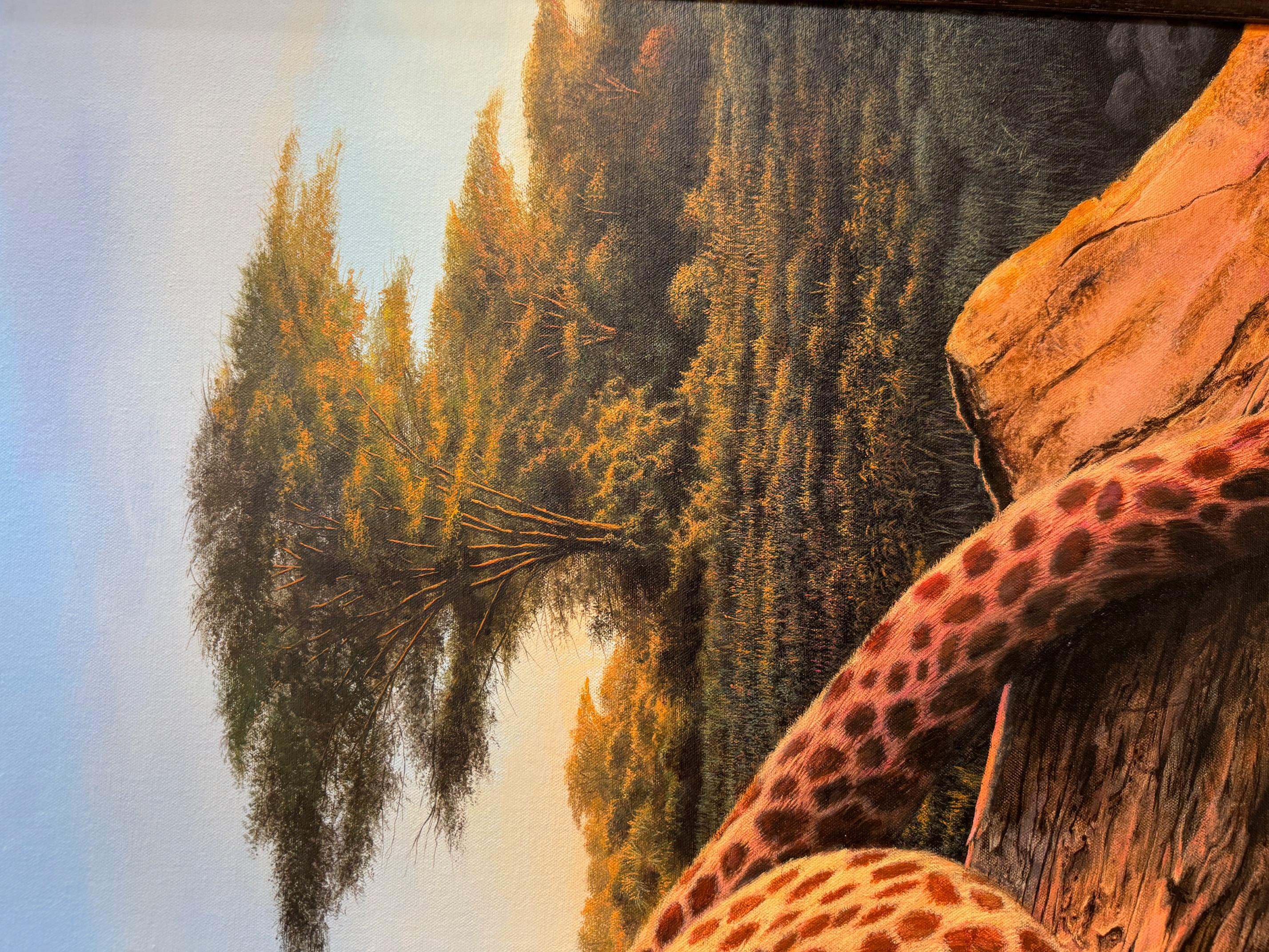 Leopardo del Serengeti, paisaje salvaje realista original de 30x48 en venta 3