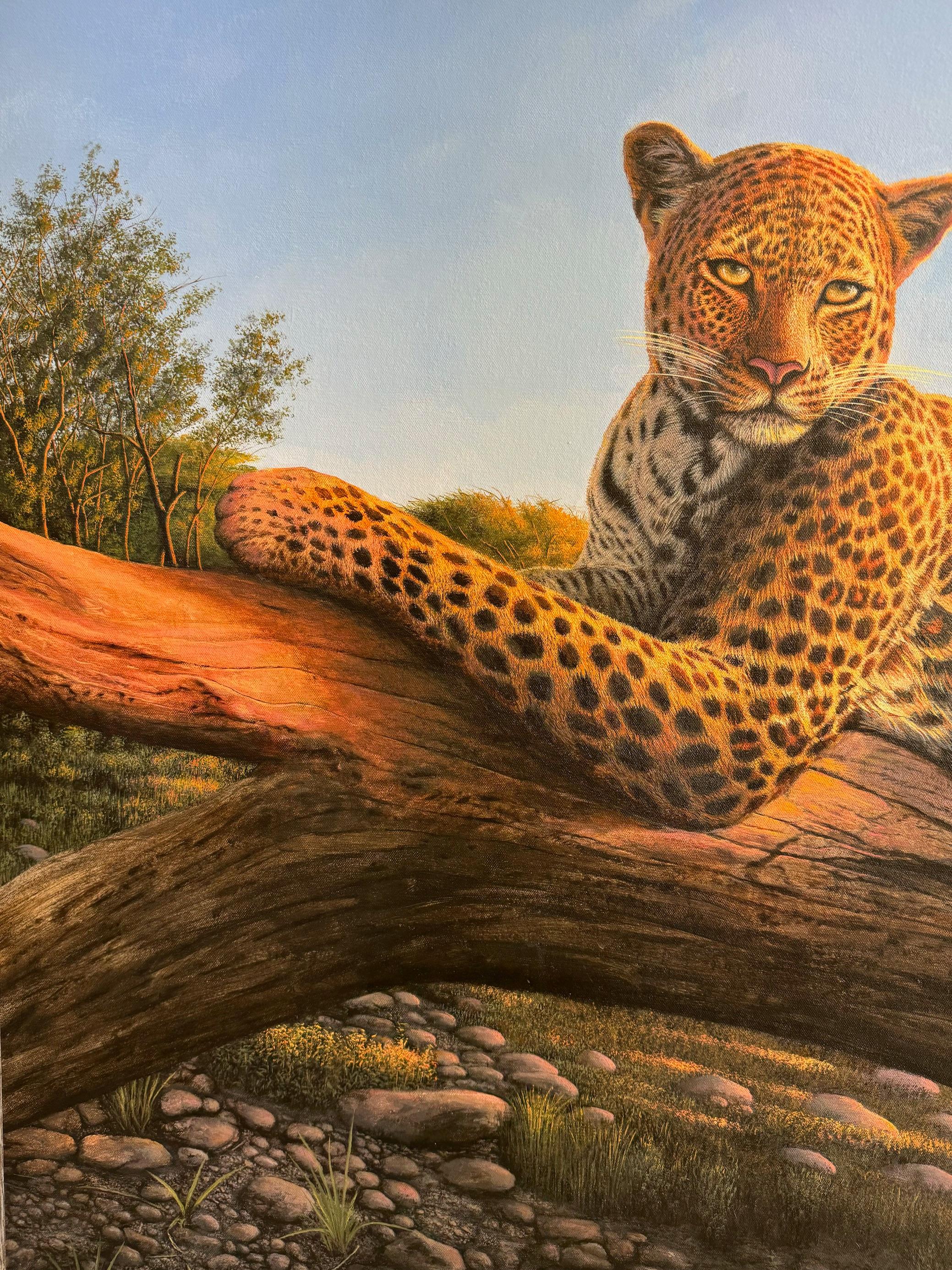 Leopardo del Serengeti, paisaje salvaje realista original de 30x48 en venta 4