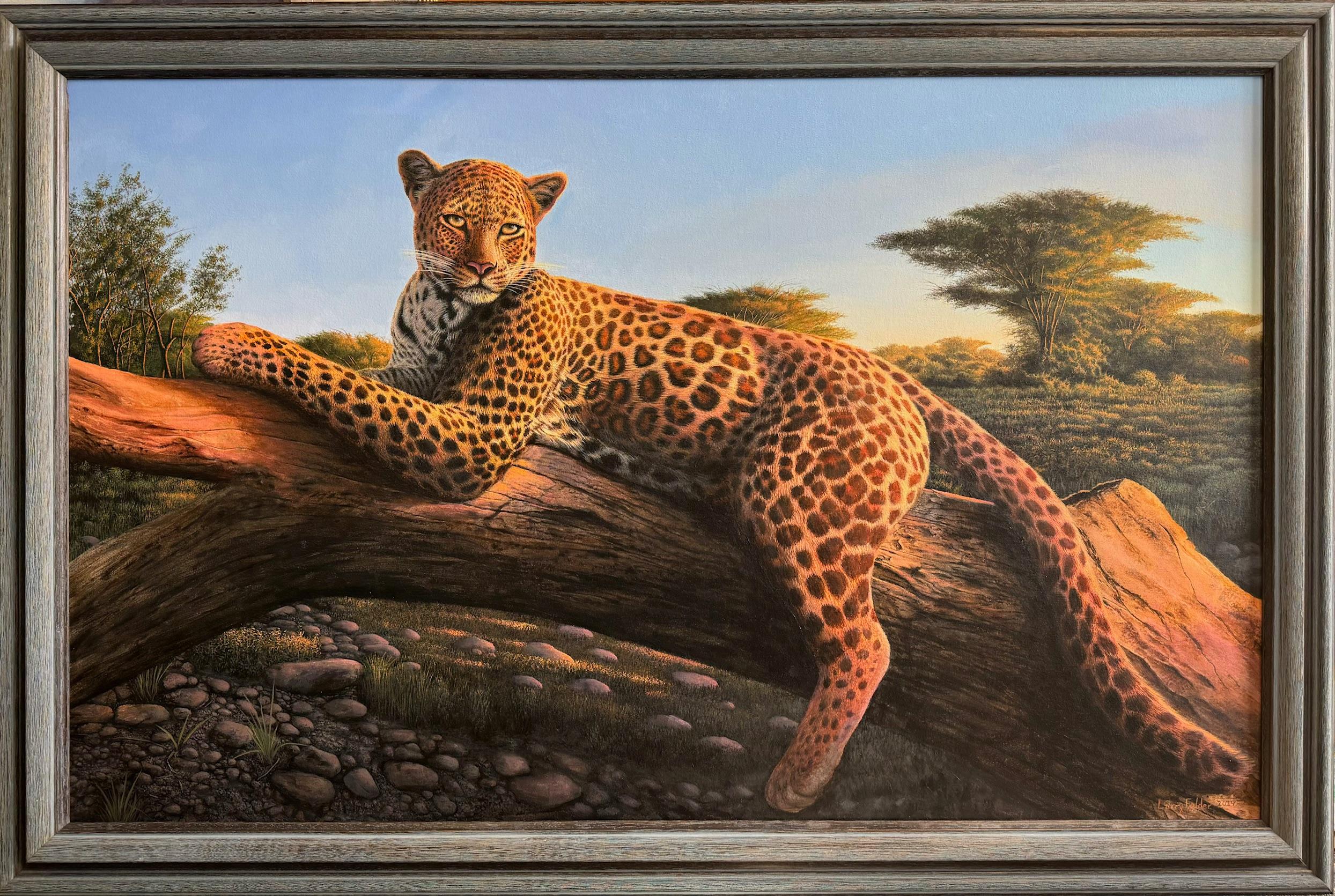 Leopardo del Serengeti, paisaje salvaje realista original de 30x48