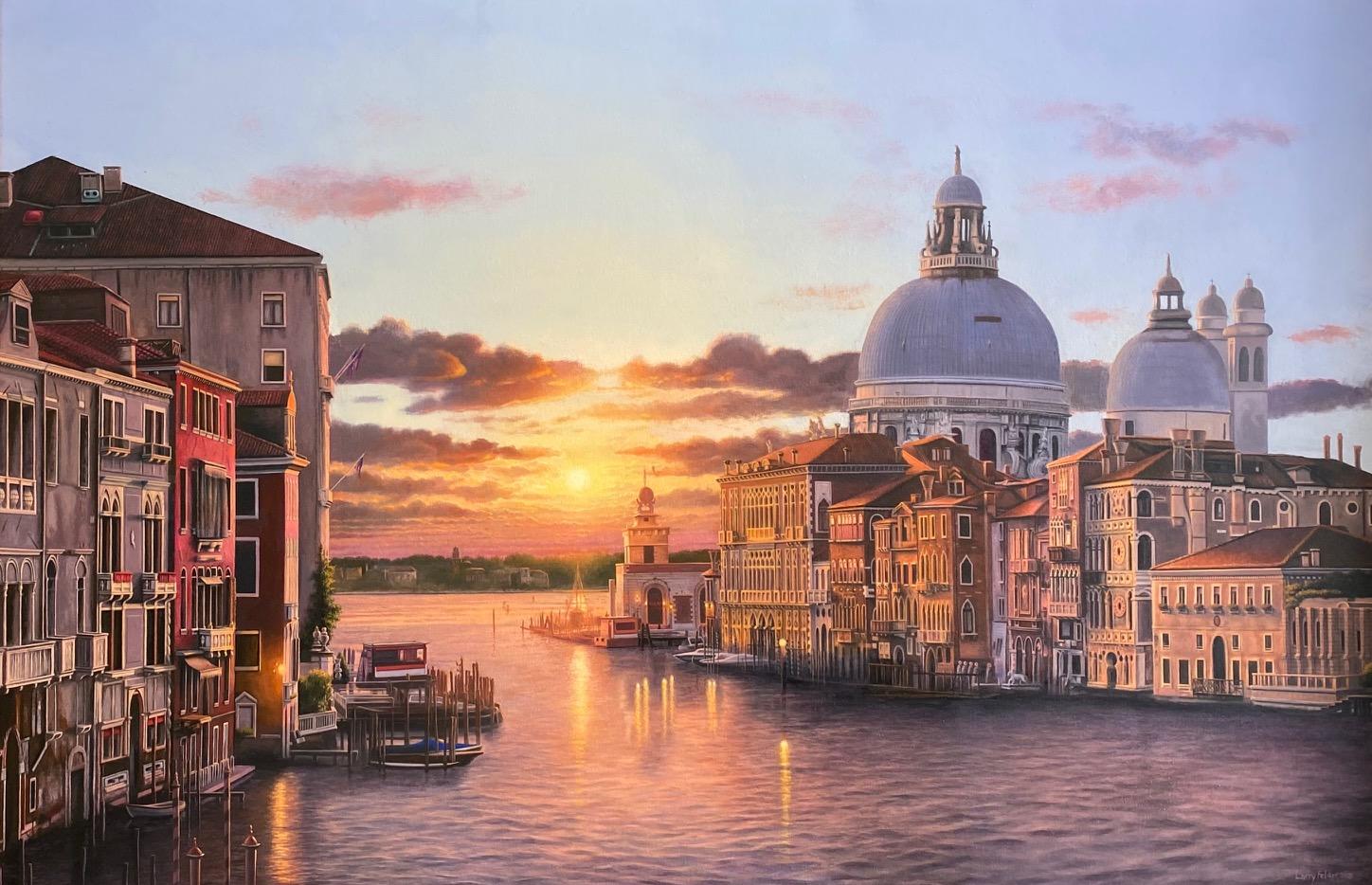 Sunrise Venezia, 35x53 original Hudson River School Italian marine landscape - Painting by Larry Felder