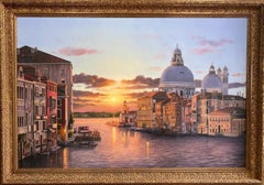 Alba Venezia, 35x53 originale Hudson River School, paesaggio marino italiano