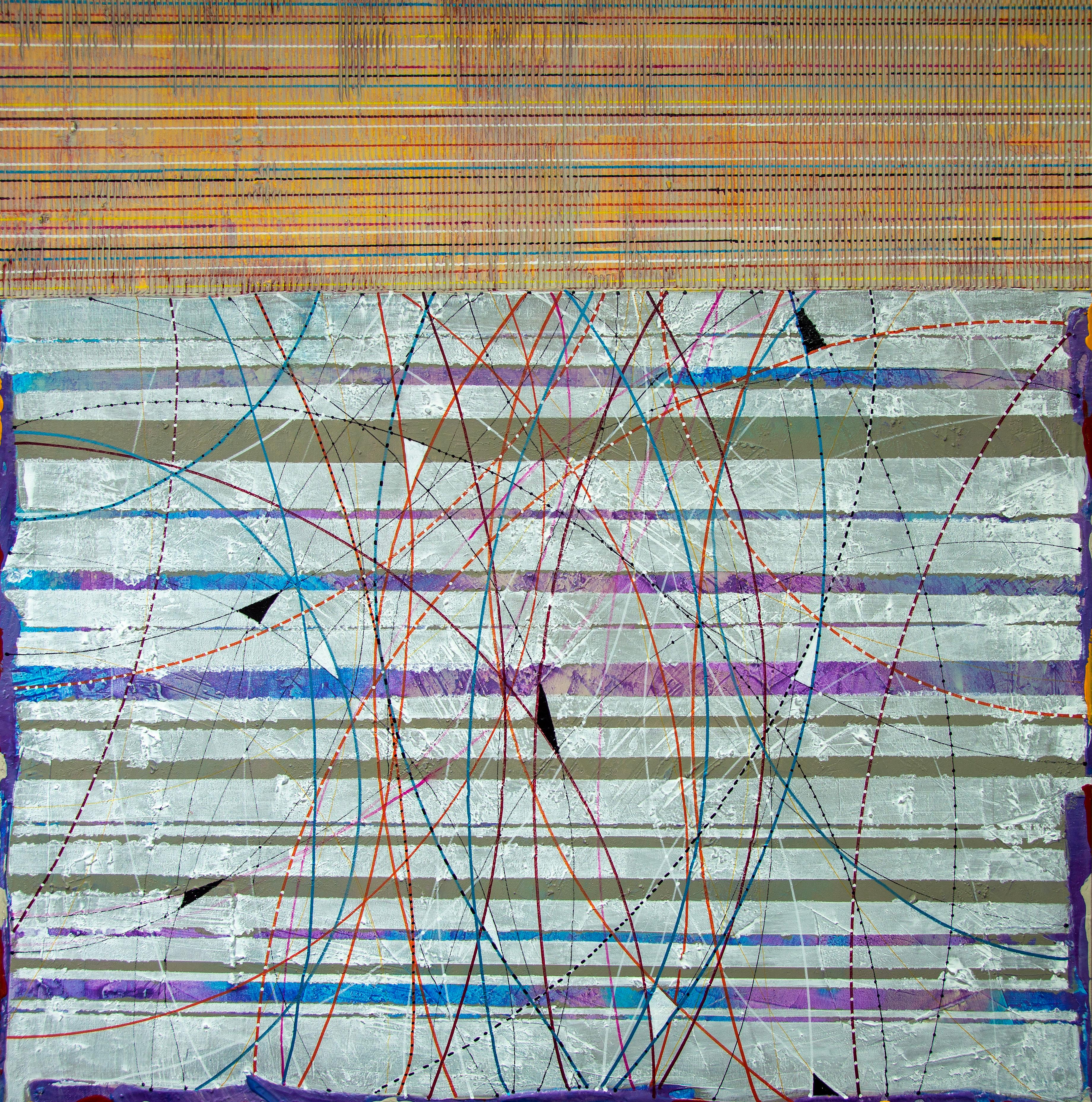 This 46.625 x 46.625 inch square acrylic mixed media painting by Larry Hefner depicts an abstract arrangement of lines and patterns. Hefner utilizes a wide range of colors in this work including various shades of purple, blue, yellow, red, orange,