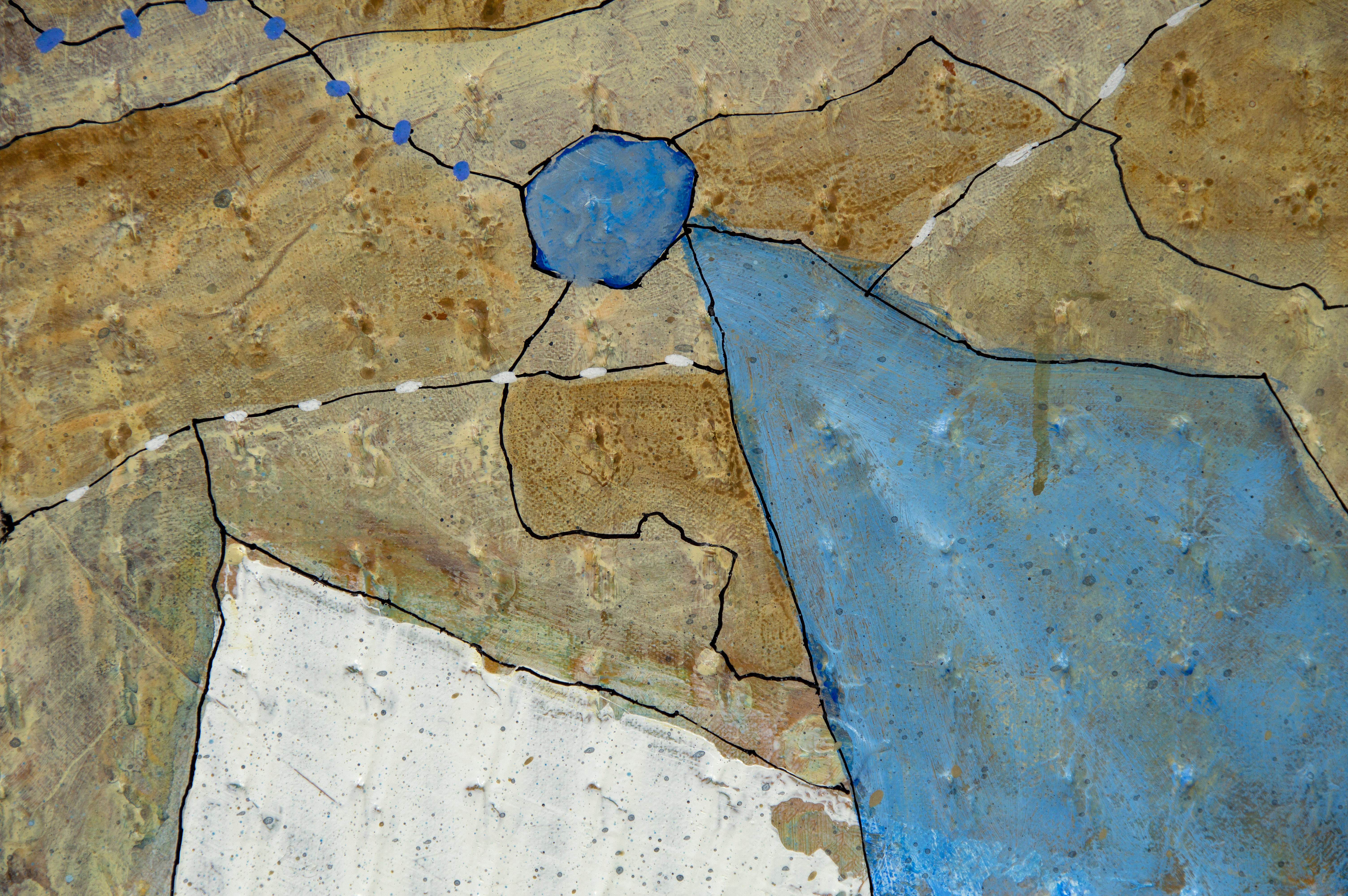 This 31.625 x 44.75 inch by Larry Hefner is an abstract mixed media painting. Hefner uses paint and fabric to add texture to the composition. The composition consists of various organic shapes, lines and patterns, resembling a patchwork. Hefner uses