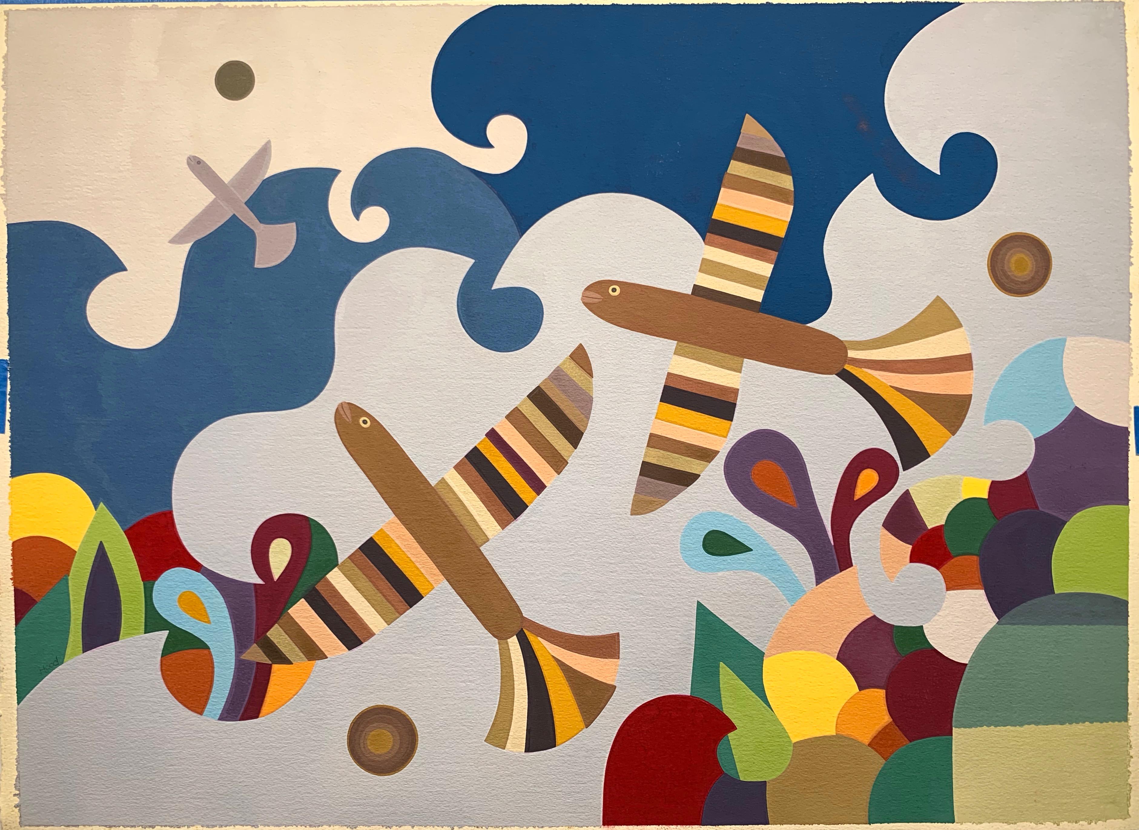 Abstract Painting Larry Hood - Oiseaux en vol (peinture surréaliste amérindienne de la Comanche)