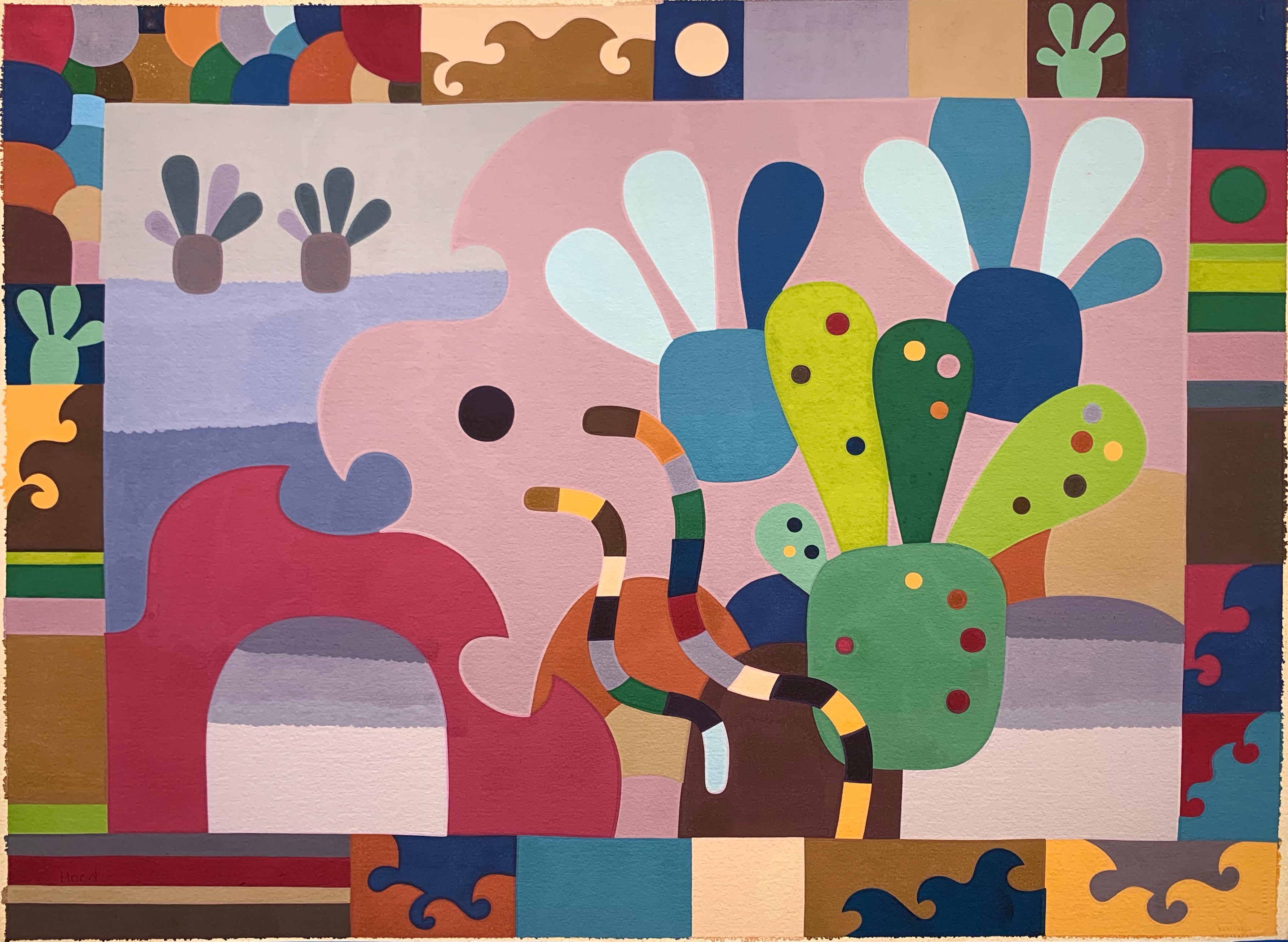 Larry Hood Animal Painting - Cactus Landscape  (Comanche Native American surrealist painting)