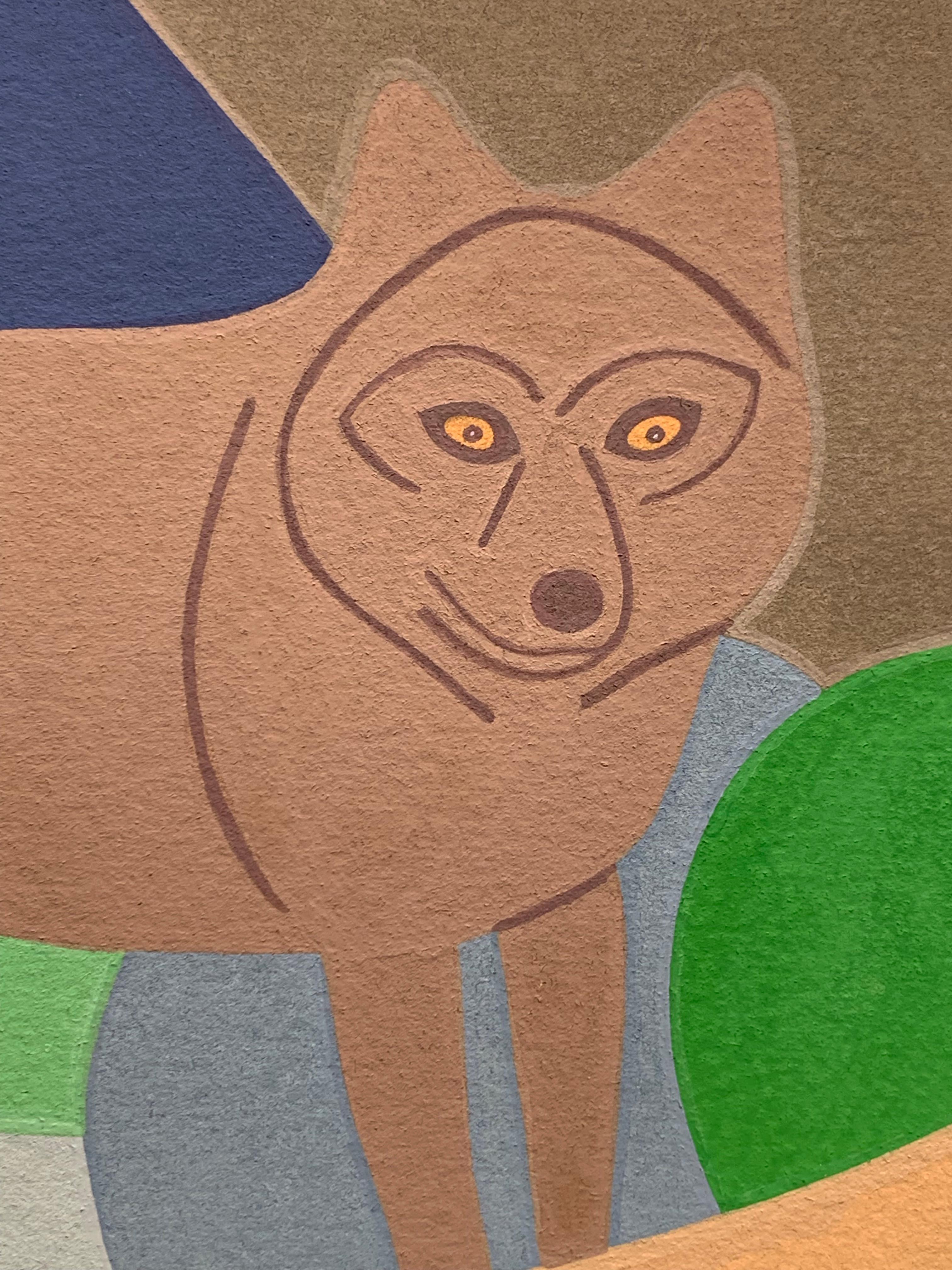 Man and Spirit Wolf (Comanche Native American Surrealistisches Gemälde) (Braun), Animal Painting, von Larry Hood