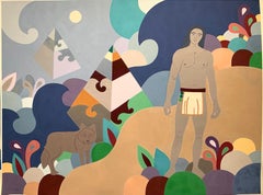Retro Man and Spirit Wolf (Comanche Native American surrealist painting)