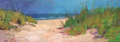 "Almost There" Oil painting of a path to the beach through dunes, blue sky