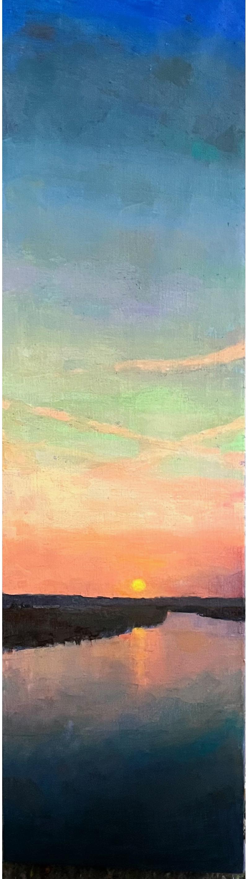 „At the End of the Day“ vertikale Meereslandschaft, Sonnenuntergang, rosa-blauer Dämmerung