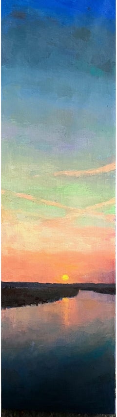"At the End of the Day" vertical seascape landscape sunset pink blue dusk sky