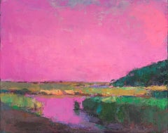 "Aurora Pink Marsh" oil painting of a bright pink sky over a green marsh