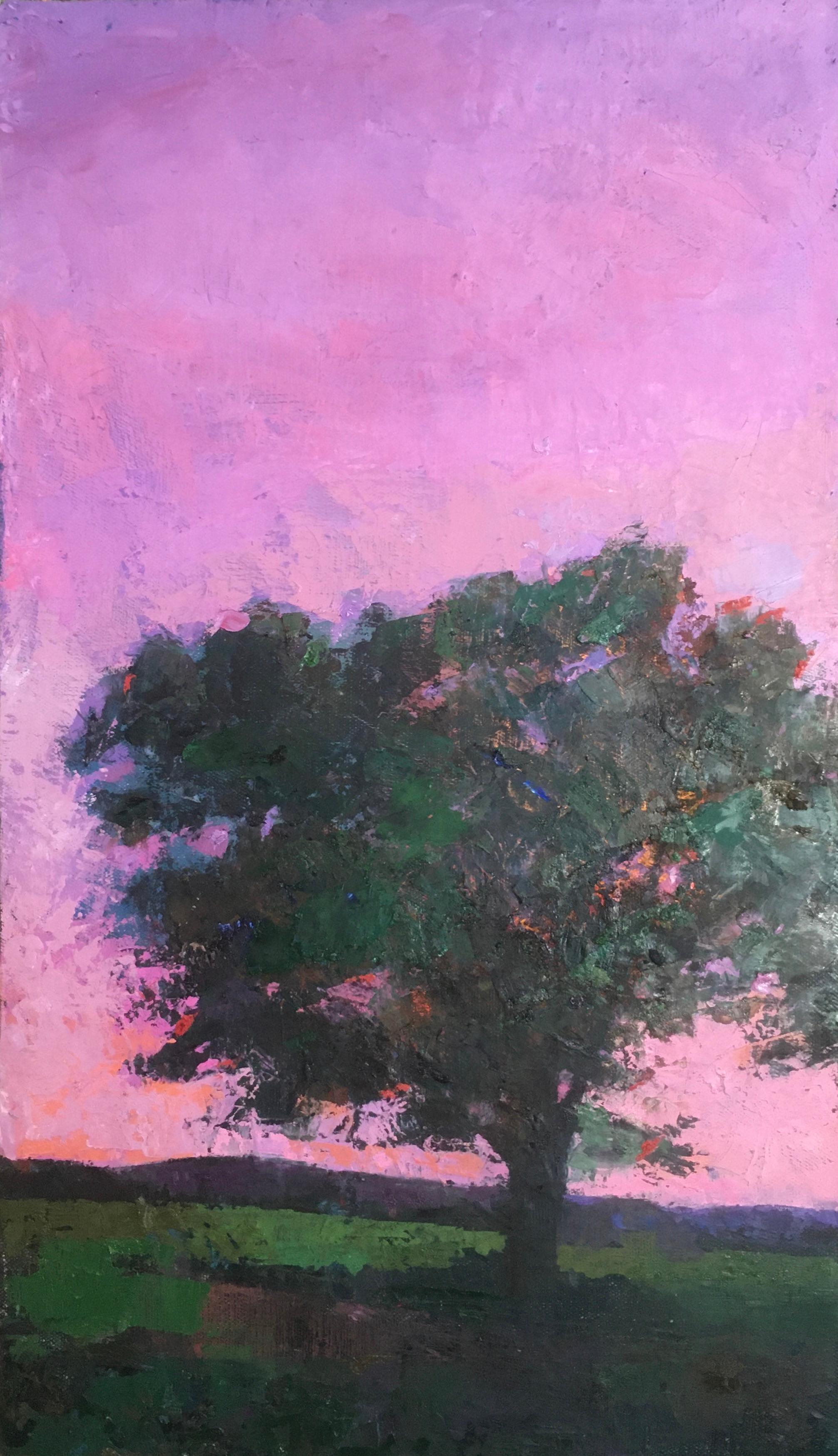 Larry Horowitz Landscape Painting - "Aurora Pink" oil painting of a tree on a hillside against a pink sunset