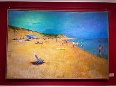 "Beach Summer" Oil painting of a beach scene with people, umbrellas, and cliffs