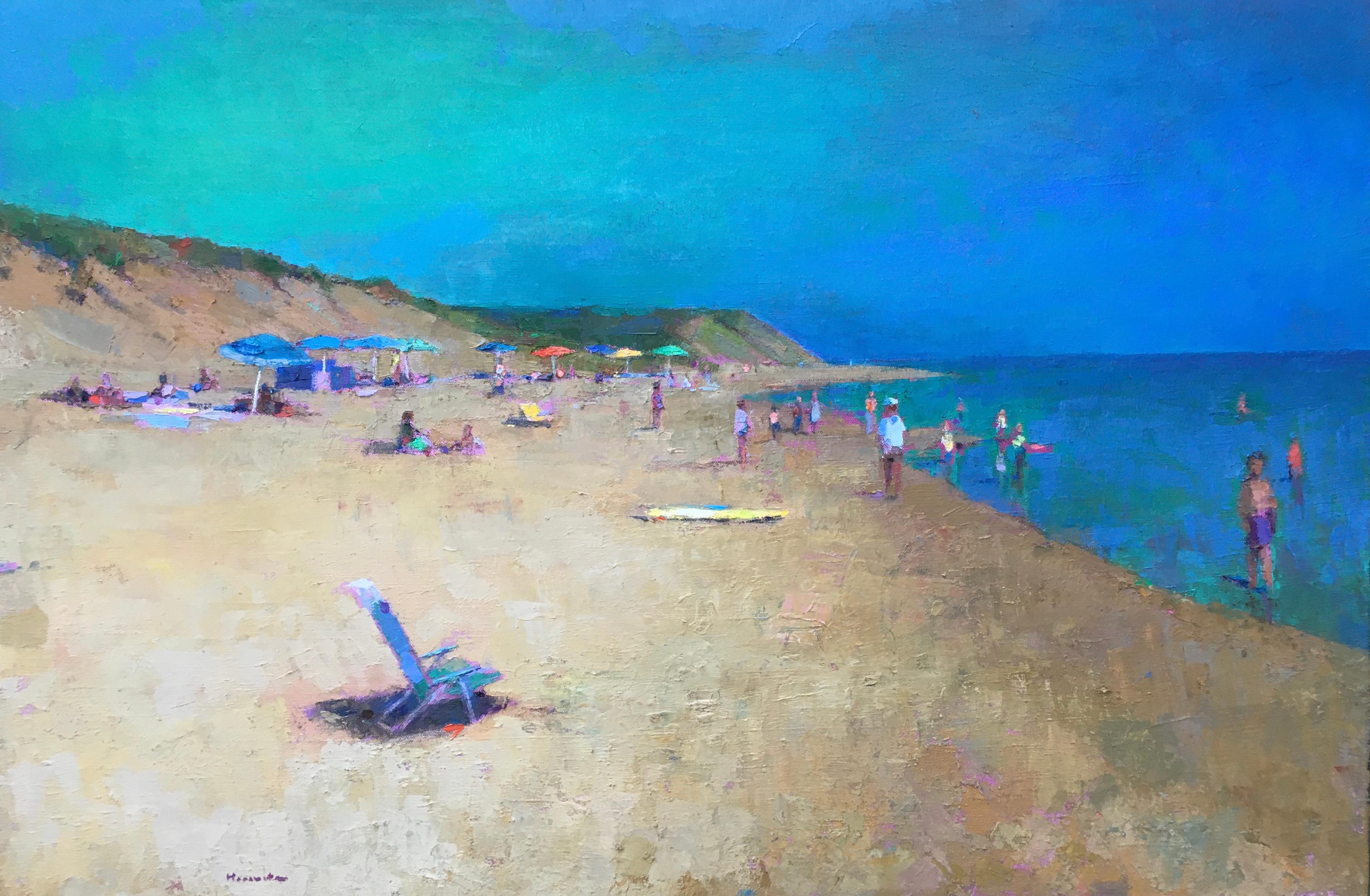 Larry Horowitz Landscape Painting - "Beach Summer" Oil painting of a beach scene with people, umbrellas, and cliffs