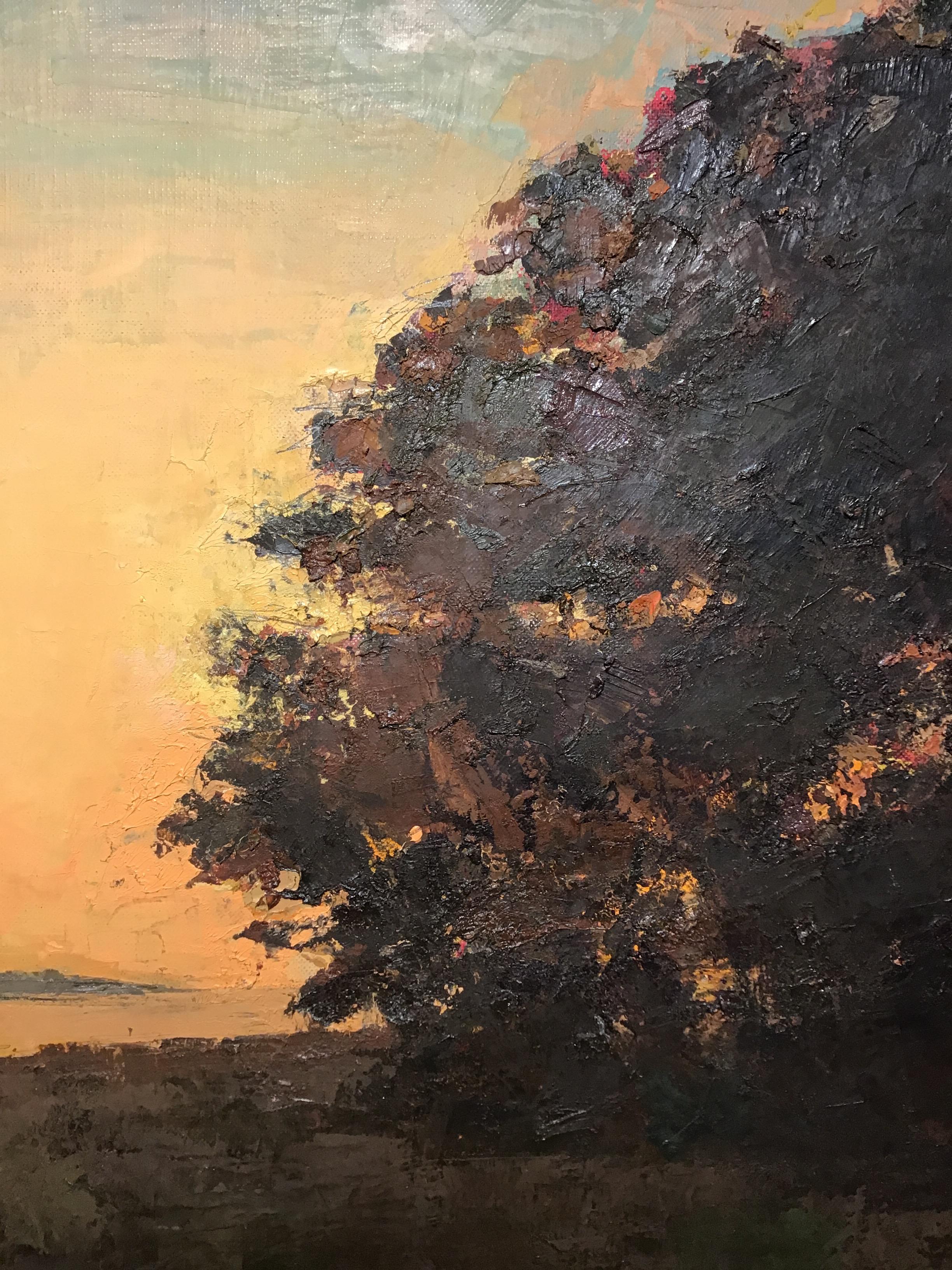 ''Bend in the Trail Sepia'' oil painting of a yellow sunset landscape with tree - Beige Landscape Painting by Larry Horowitz