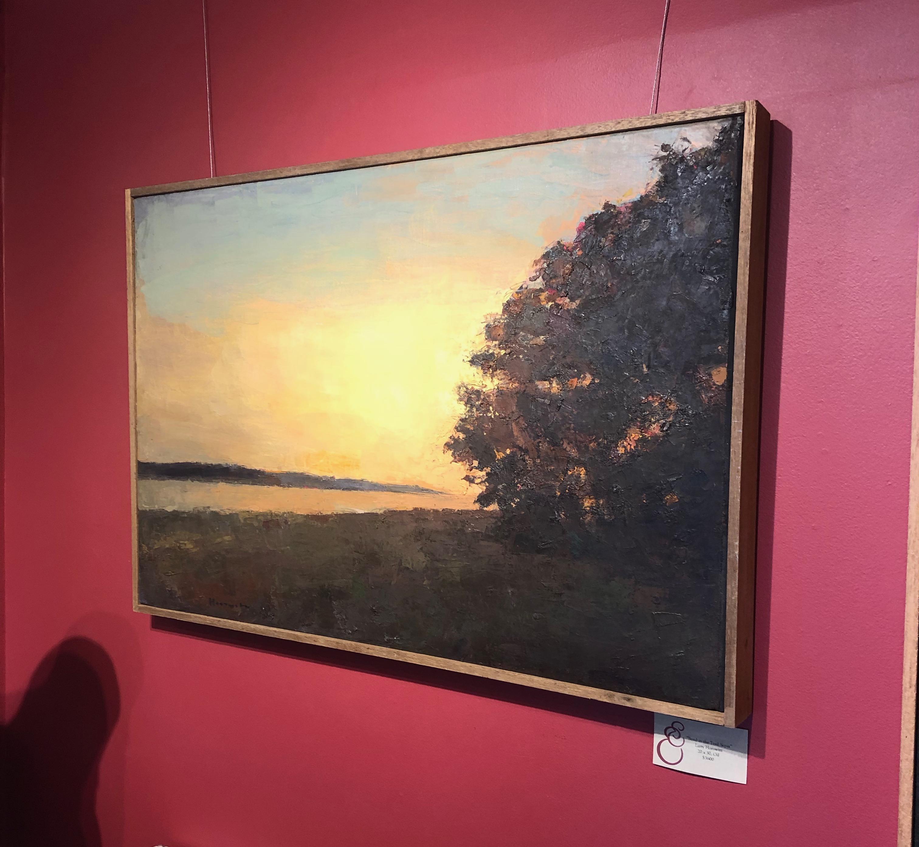 ''Bend in the Trail Sepia'' oil painting of a yellow sunset landscape with tree - Painting by Larry Horowitz