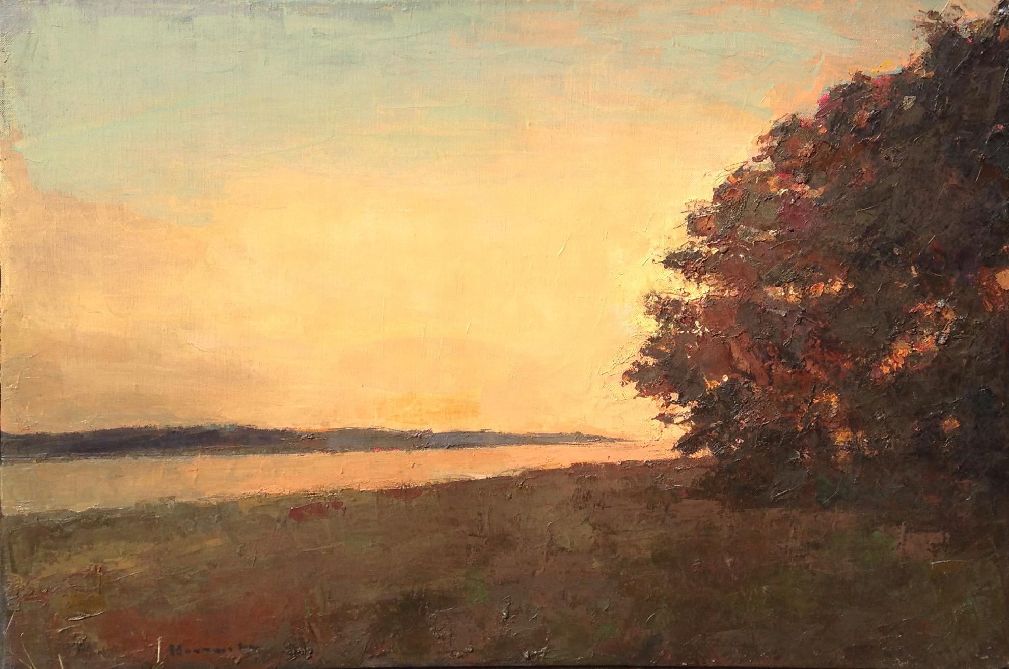 ''Bend in the Trail Sepia'' oil painting of a yellow sunset landscape with tree 
