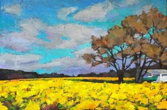 “By the Rapeseed Field”, a scenic oil painting depicting a glowing field