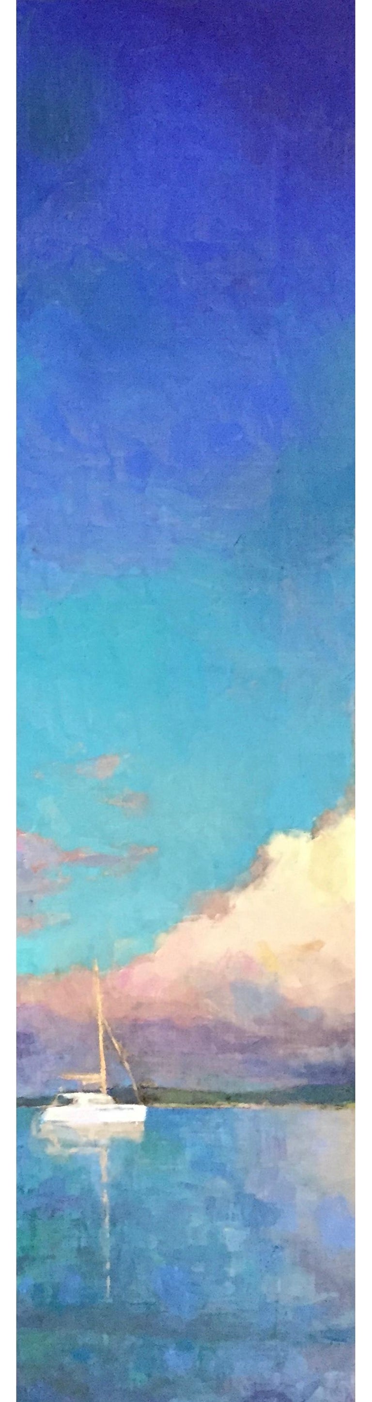 Larry Horowitz Catamaran Vertical Oil Painting Of Bright Blue