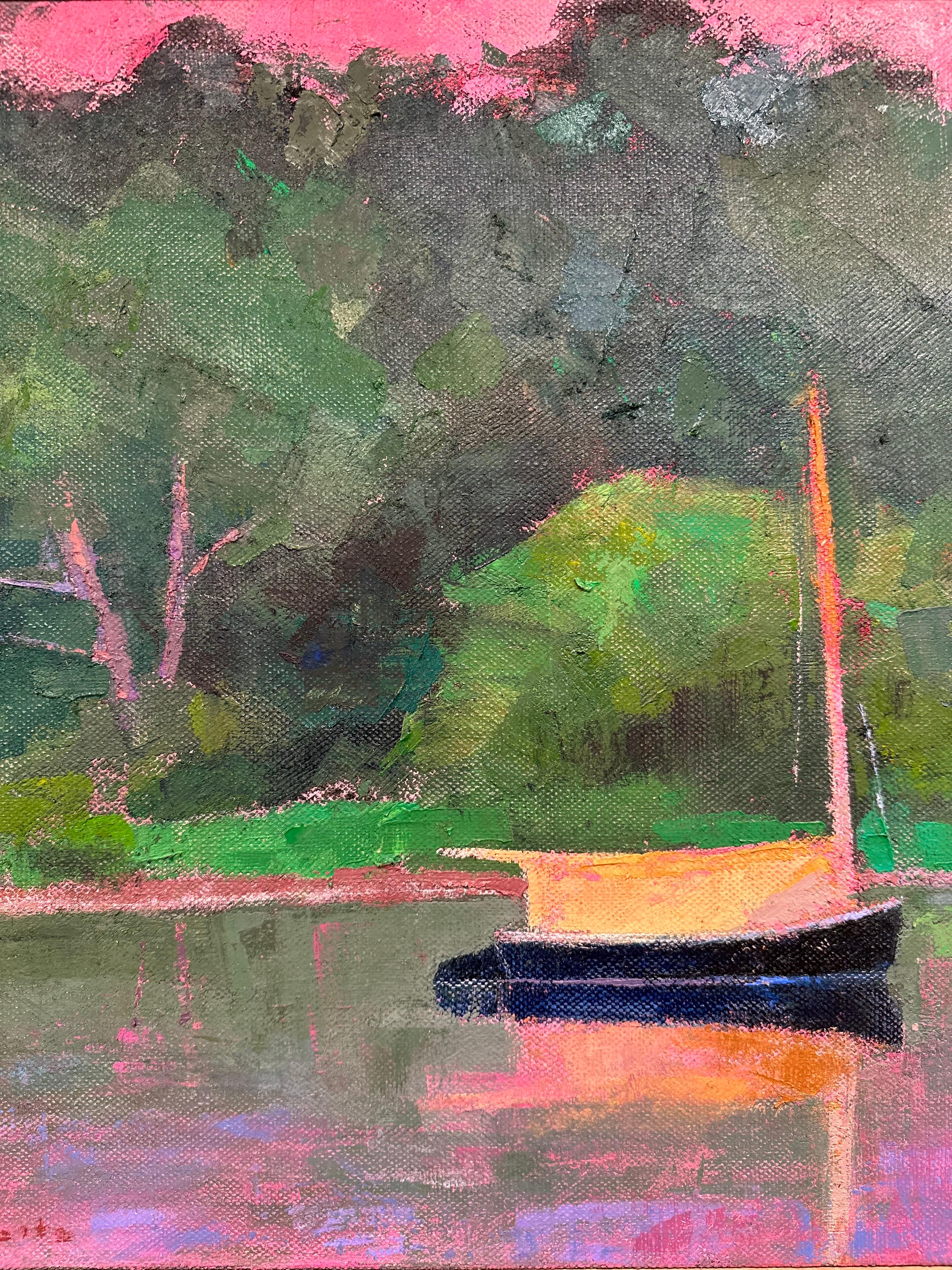 „Catboat, Martha's Vineyard“, Ölgemälde eines Segelbootes vor rosa Sonnenuntergang (Grau), Landscape Painting, von Larry Horowitz