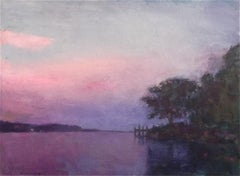 "Crepusular Dusk" oil landscape painting of a purple sunset over purple lake