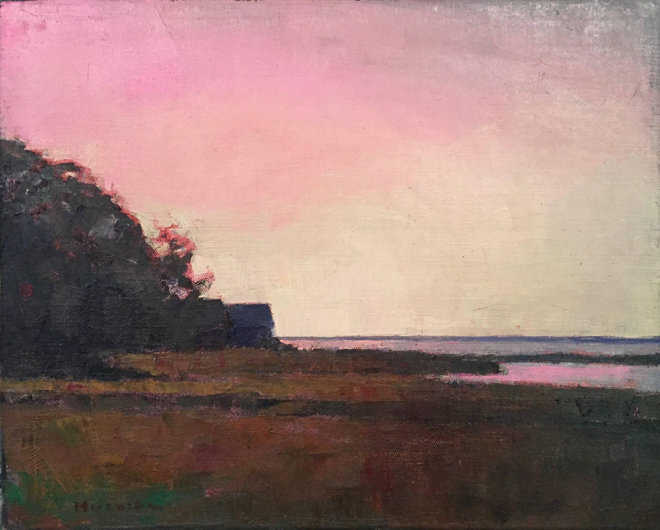 Larry Horowitz Landscape Painting - "Crimson Dusk" Pink and Yellow Sunset Sky with Dark Foreground