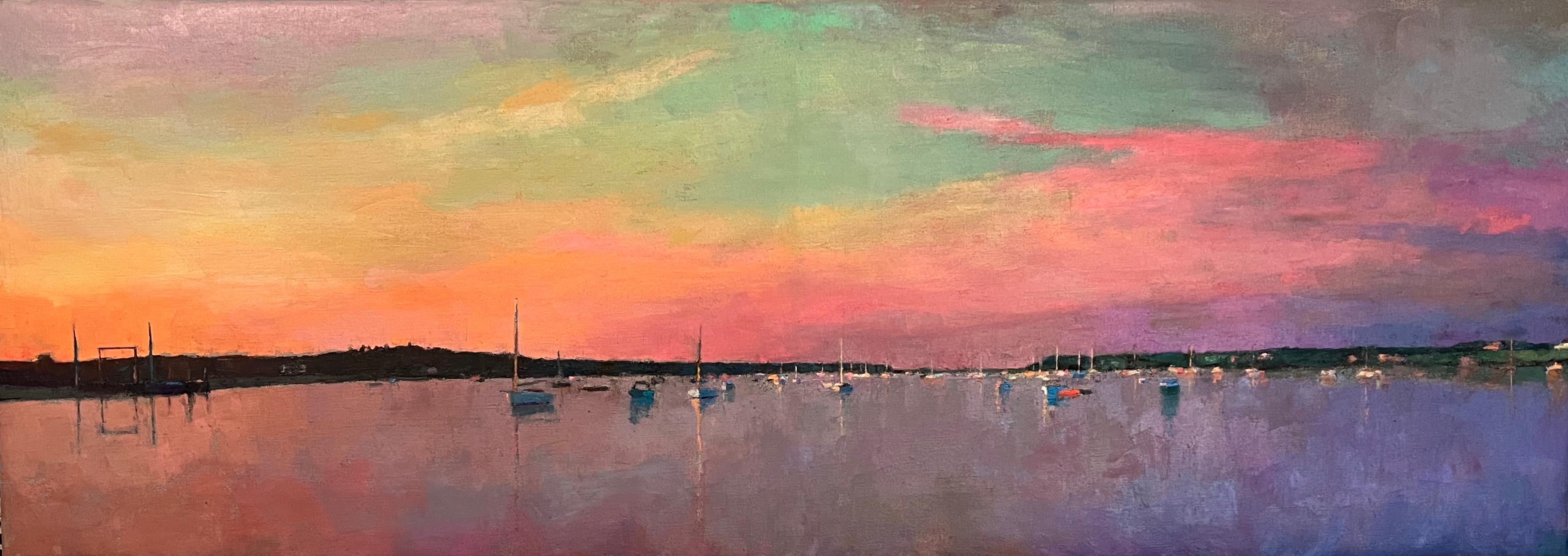 Larry Horowitz Landscape Painting - "Crimson Harbor, Edgartown" horizontal landscape purple pink orange sunset dusk