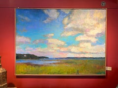 "Cúmulo de verano" Pintura paisajista de un cielo azul ligeramente nublado y un campo verde