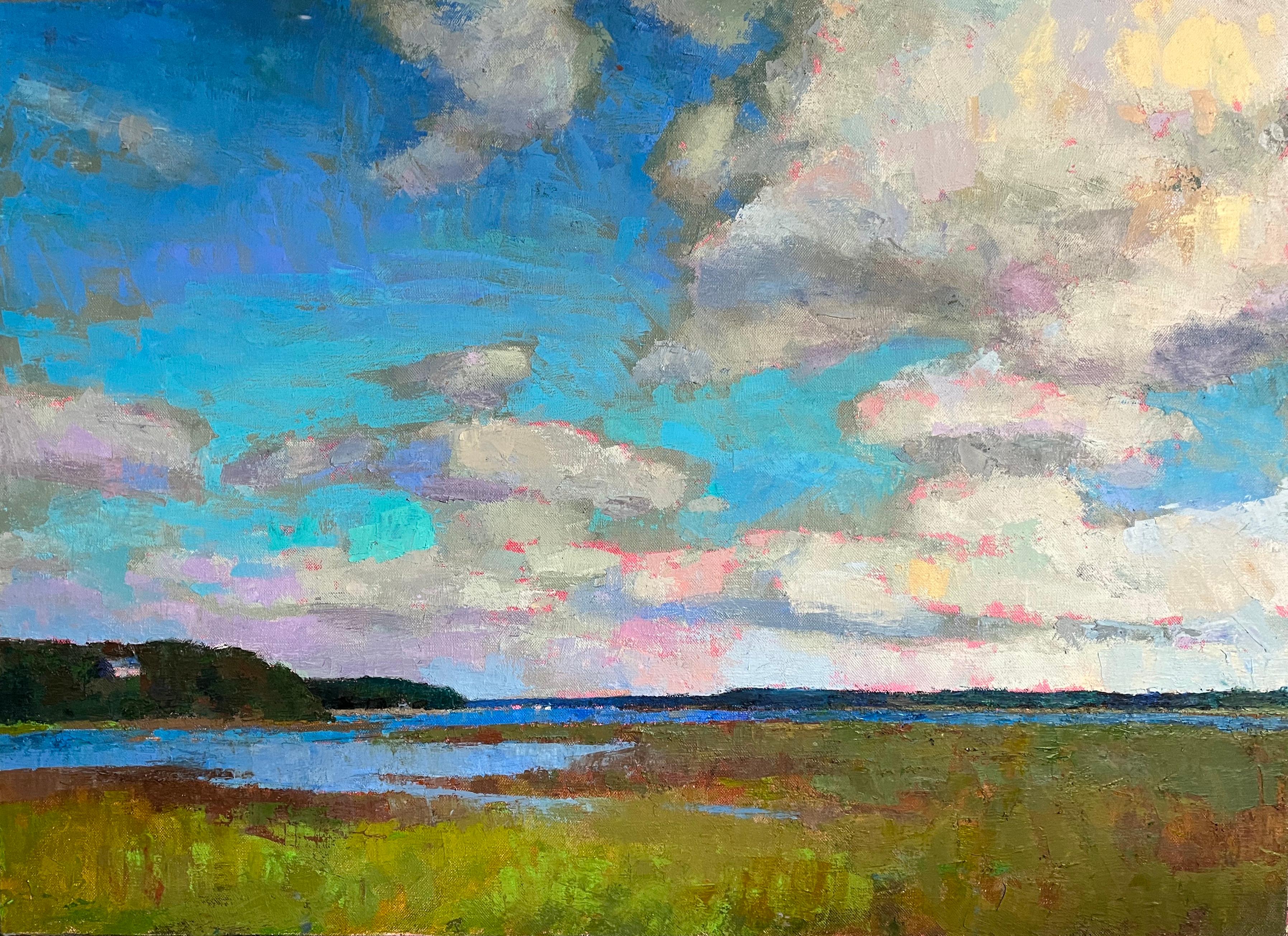 Larry Horowitz Landscape Painting - "Cumulus Summer" Landscape painting of a lightly cloudy blue sky and green field