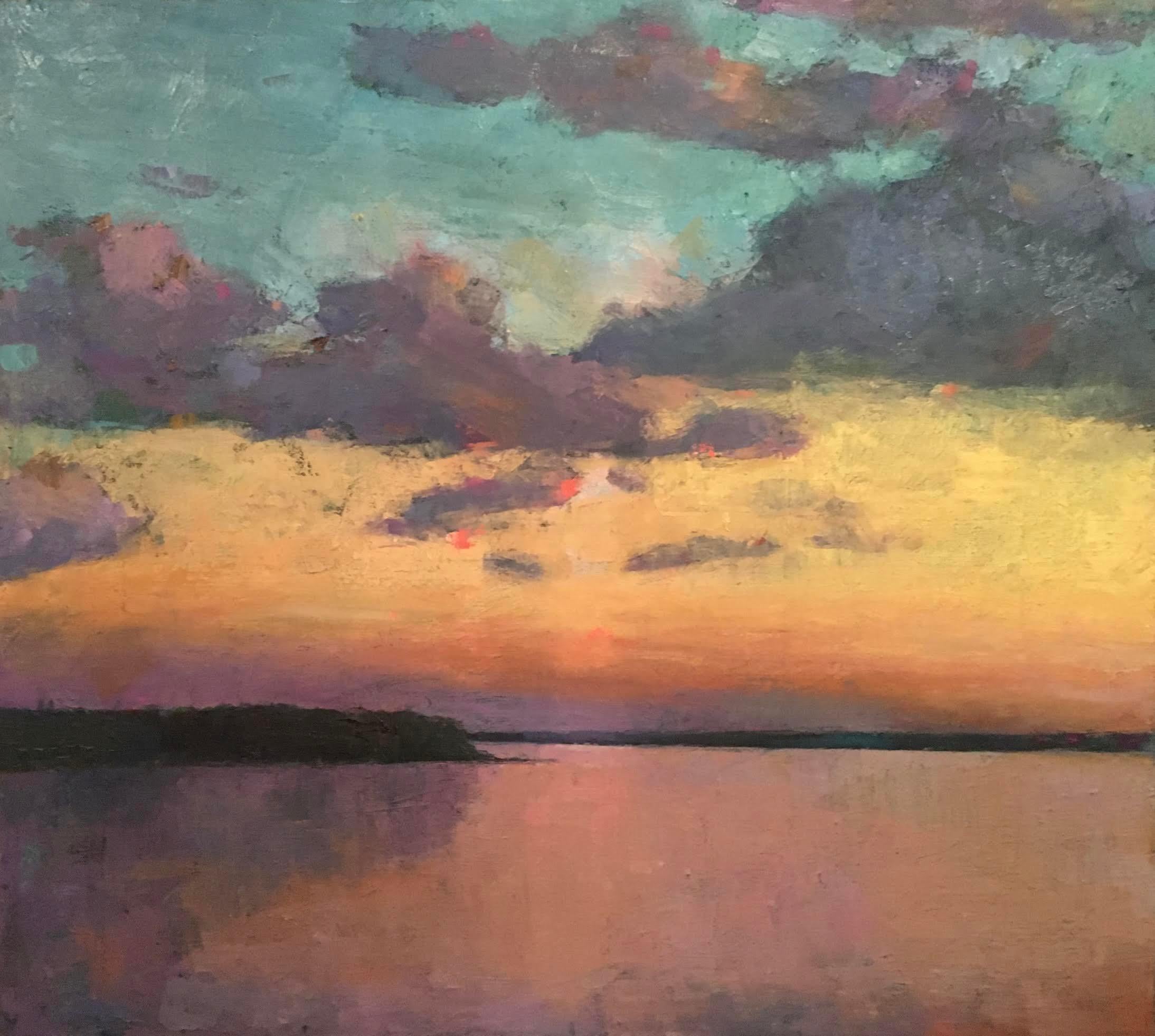 "Cumulus Sunset" oil painting of an orange sunset over water, blue sky, clouds