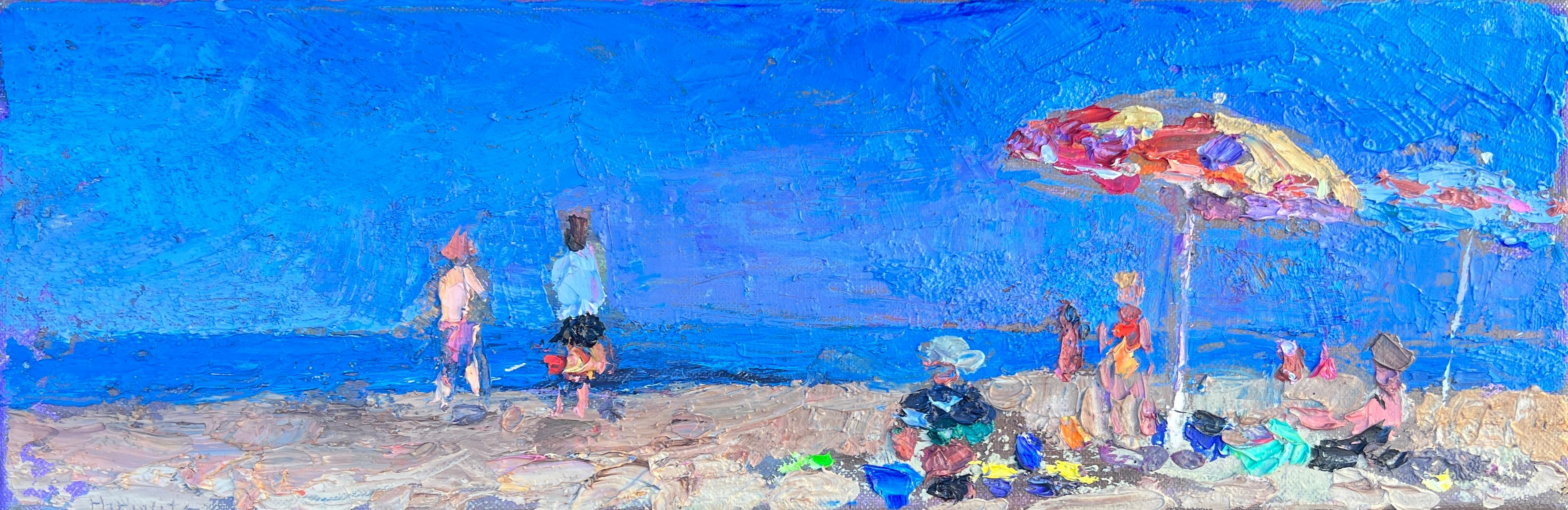 Larry Horowitz Landscape Painting - "Day Glow Light" panoramic oil painting of people on a beach with blue sky