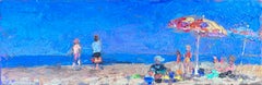 "Day Glow Light" panoramic oil painting of people on a beach with blue sky
