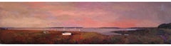 "Dinghy by the Bay" oil painting of a bay with a mauve sky and warm earth tones