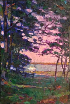 "Down the Lane" oil painting of a pond with pink sunset and trees in foreground