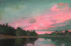 "Dusk II" Ölgemälde mit blauem Himmel und rosa Sonnenuntergang über Wasser