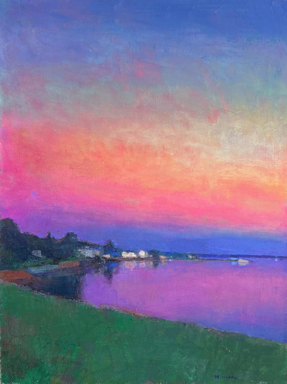 Larry Horowitz Landscape Painting - "Dusk Reflections" oil painting of a vibrant pink sunset over water