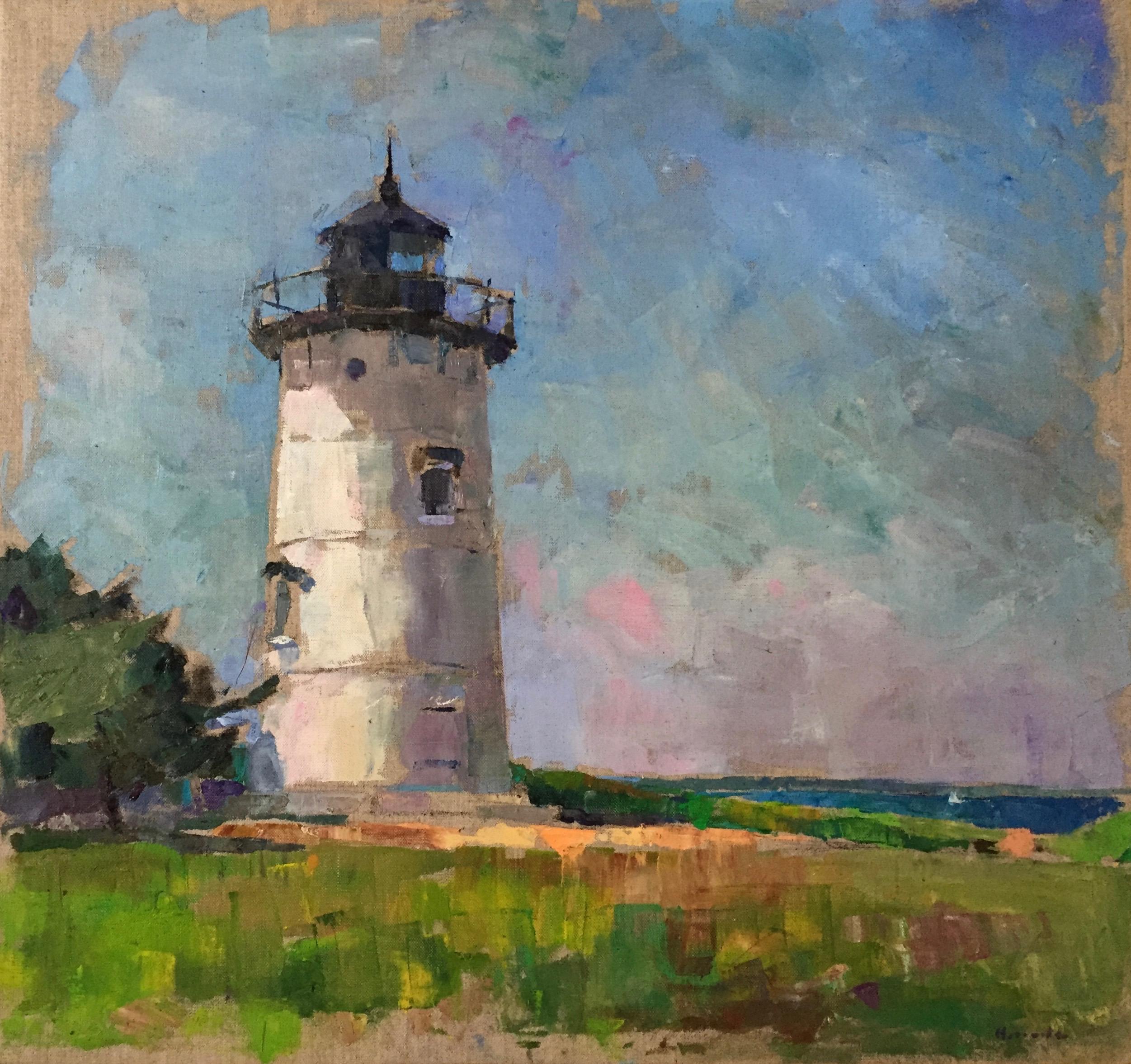 Larry Horowitz Landscape Painting - "East Chop Lighthouse" oil painting of Martha's Vineyard white lighthouse