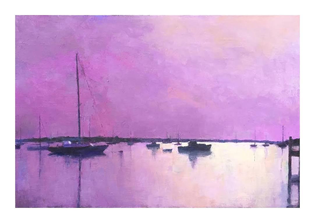 Larry Horowitz Landscape Painting - "Edgartown Harbor in Mauve" oil painting of purple sky and harbor