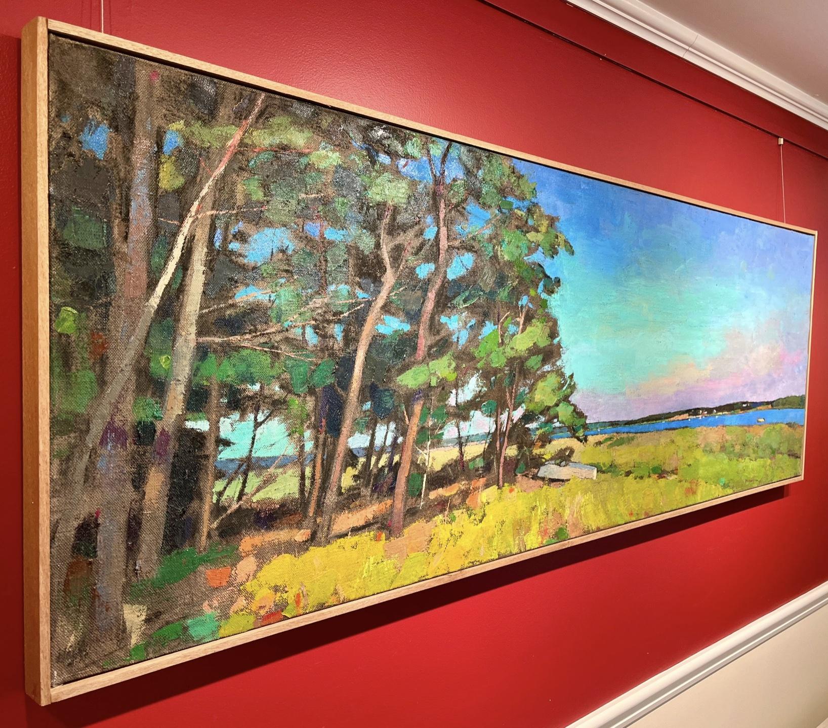 Edge of the Island, vue en plein air d'un champ ouvert et lumineux et d'une eau - Impressionnisme abstrait Painting par Larry Horowitz