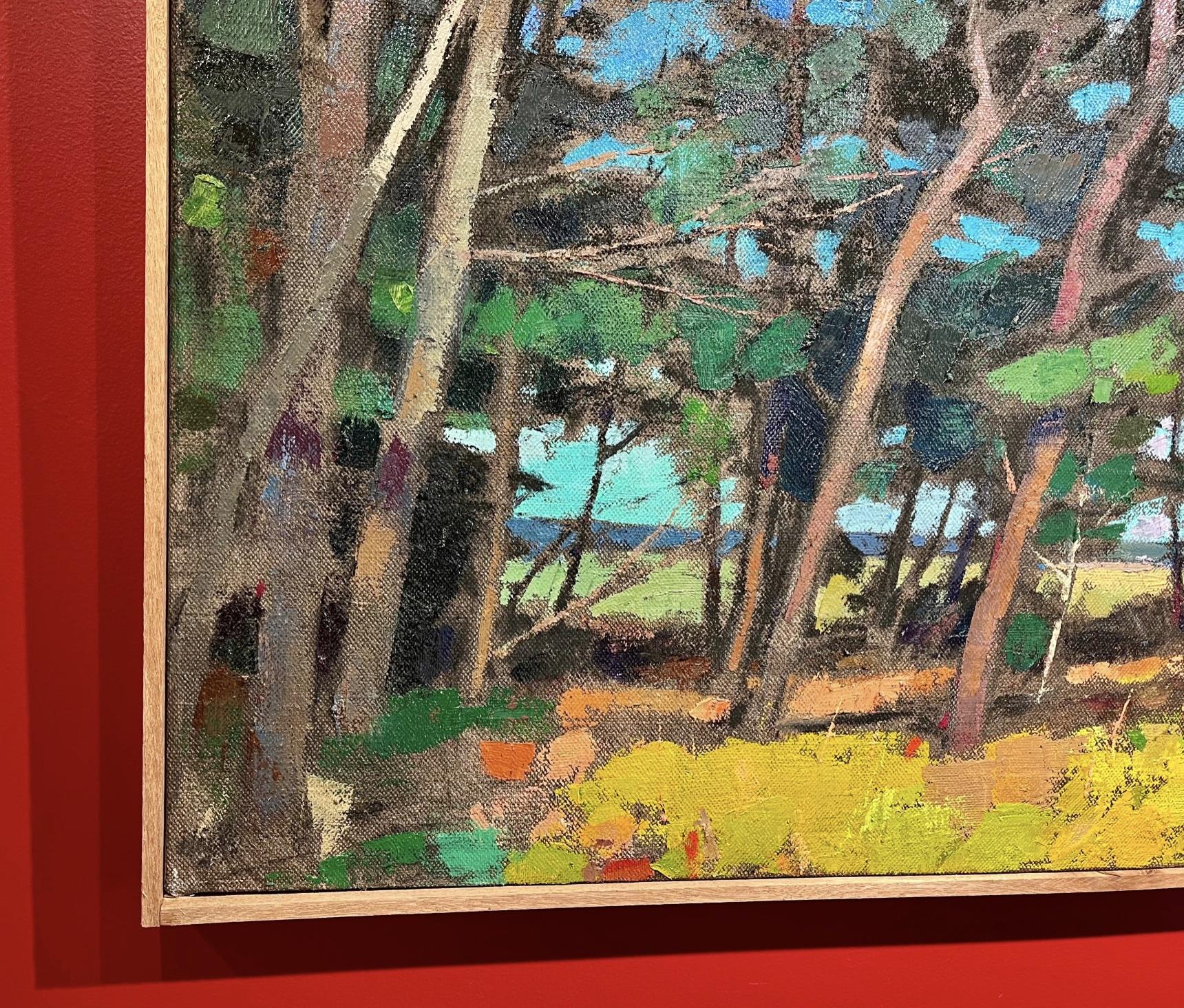 Edge of the Island, vue en plein air d'un champ ouvert et lumineux et d'une eau - Bleu Landscape Painting par Larry Horowitz