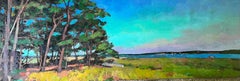 Edge of the Island, plein air wide view of an open glowing field and water